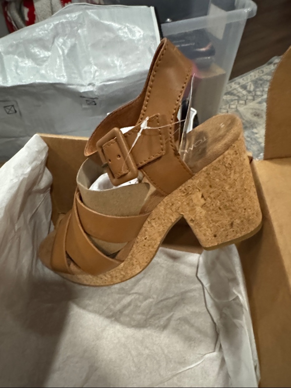 Toms Tan Strappy Cork Block Heel Sandals